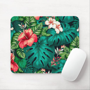 Elegant Tropical Leaves and Hibiscus Flowers Mouse Pad