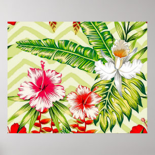 Elegant Tropical Leaves and Hibiscus Flowers   Poster