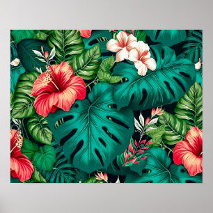 Elegant Tropical Leaves and Hibiscus Flowers   Poster