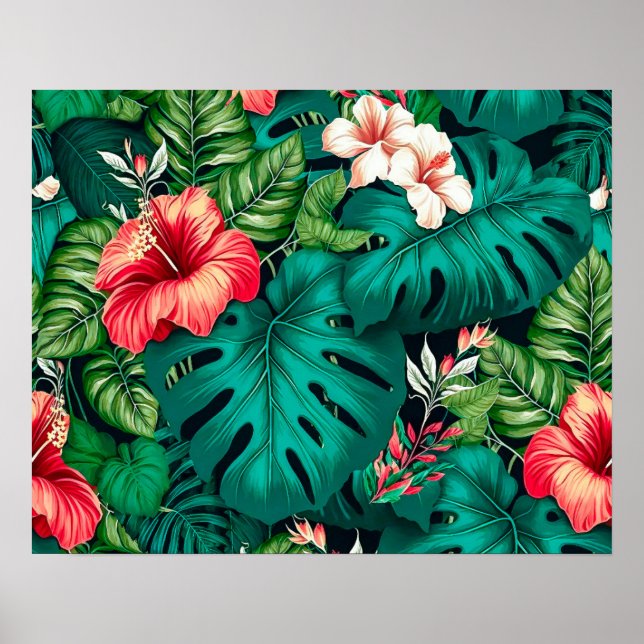 Elegant Tropical Leaves and Hibiscus Flowers | Poster (Front)