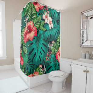Elegant Tropical Leaves and Hibiscus Flowers   Shower Curtain
