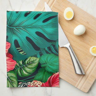 Elegant Tropical Leaves and Hibiscus Flowers   Tea Towel