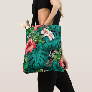 Elegant Tropical Leaves and Hibiscus Flowers Tote Bag