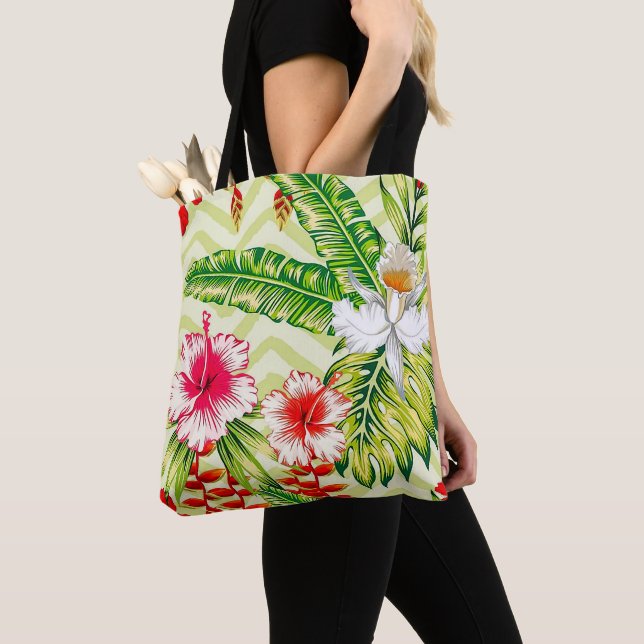 Elegant Tropical Leaves and Hibiscus Flowers | Tote Bag (Close Up)