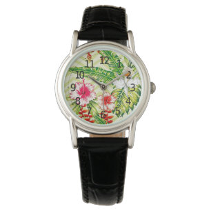 Elegant Tropical Leaves and Hibiscus Flowers Watch