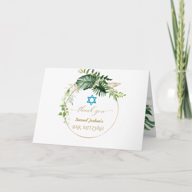 Elegant Tropical Leaves Gold Photo Bar Mitzvah Thank You Card (Front)