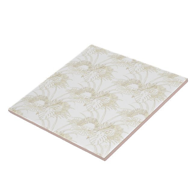 Elegant tropical leaves golden strokes design ceramic tile (Side)