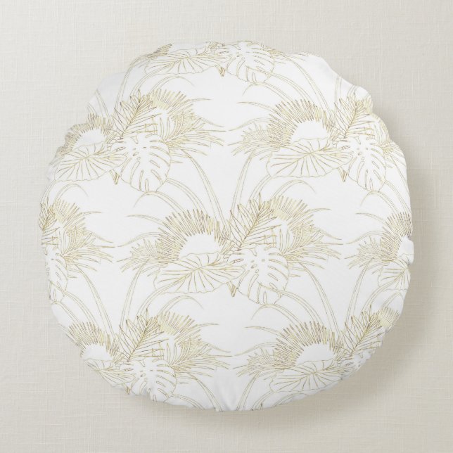 Elegant tropical leaves golden strokes design round cushion (Front)