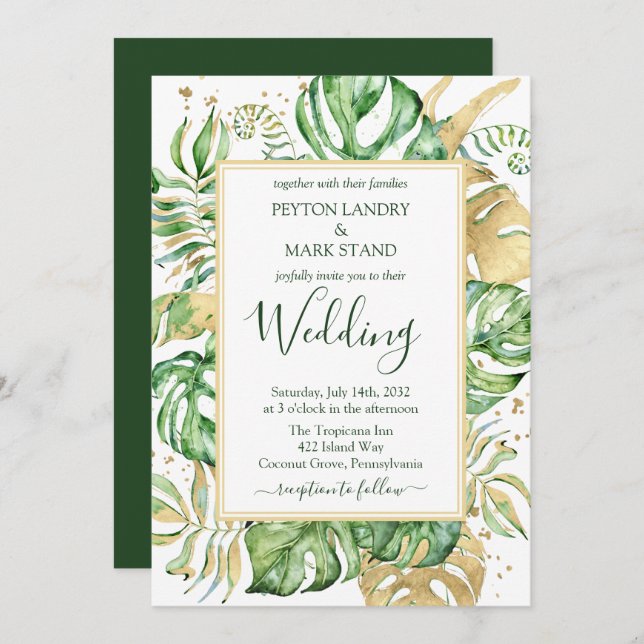 Elegant Tropical Leaves Green & Gold Frame Wedding Invitation (Front/Back)