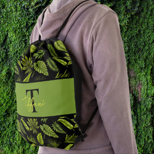 Elegant Tropical Leaves Monogram Drawstring Bag