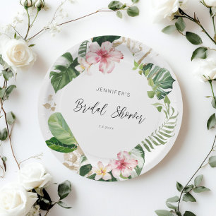 Elegant tropical monstera bridal shower paper plate