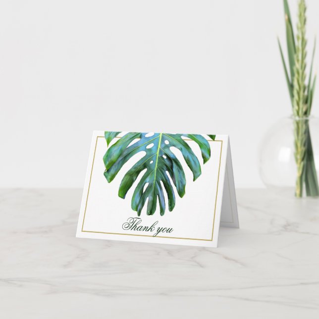 Elegant Tropical Monstera Leaf Gold Beach Wedding Thank You Card (Front)