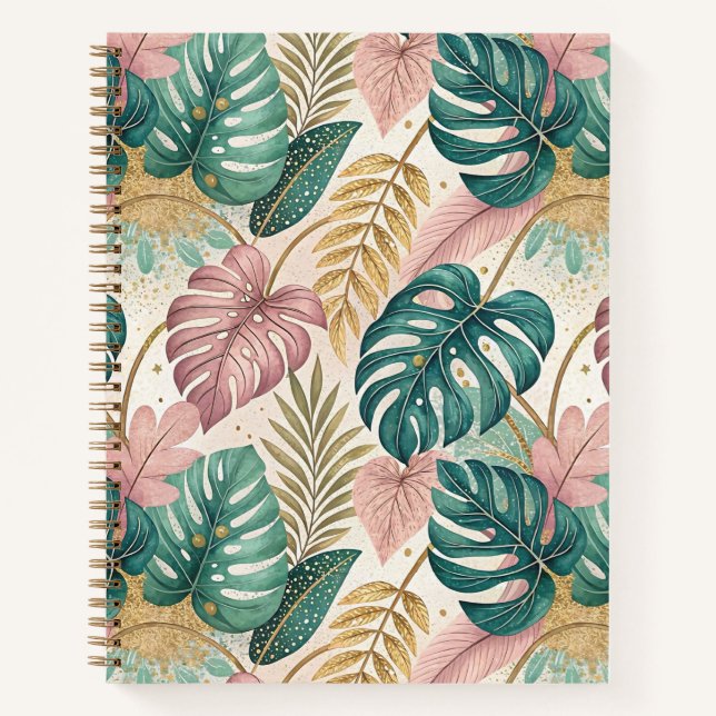 Elegant Tropical Monsteras Boho Notebook (Front)