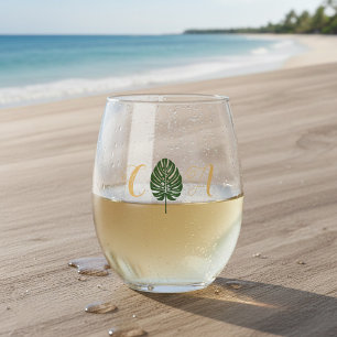 Elegant Tropical Palm Leaf Monogram Beach Wedding Stemless Wine Glass