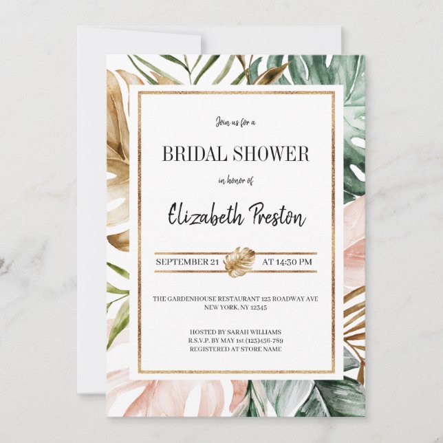 Elegant Tropical Palm Leaves Bridal Shower Invitation (Front)