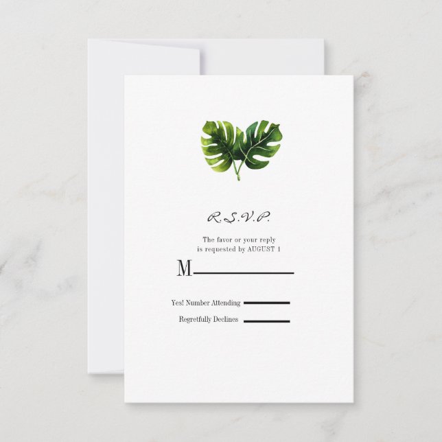 Elegant Tropical Palm Leaves Wedding RSVP Reply (Front)