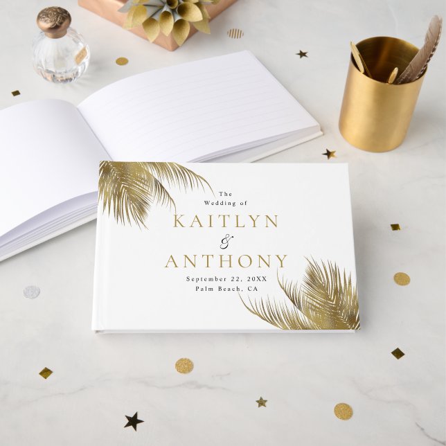 Elegant Tropical Palm Tree Beach Wedding Guest Book (Front Open)
