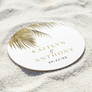 Elegant Tropical Palm Tree Beach Wedding Round Paper Coaster