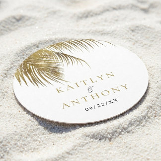 Elegant Tropical Palm Tree Beach Wedding Round Paper Coaster