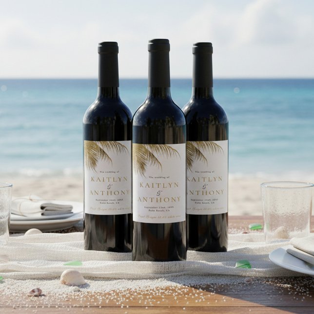 Elegant Tropical Palm Tree Beach Wedding Wine Label (Creator Uploaded)