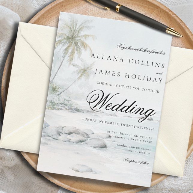 Elegant Tropical Palm Watercolor Beach Wedding Invitation (Creator Uploaded)
