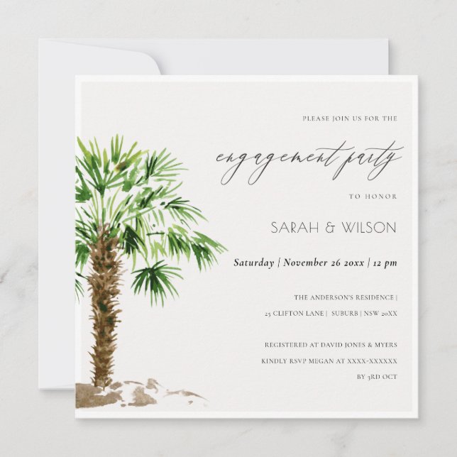 Elegant Tropical Palm Watercolor Engagement Invite (Front)