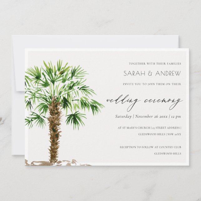 Elegant Tropical Palm Watercolor Wedding Invite (Front)