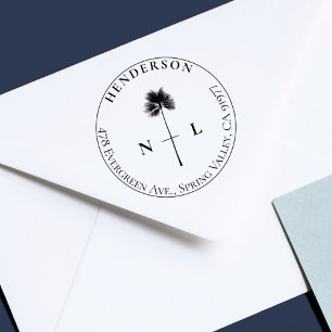 Elegant Tropical Palm Wedding Initials & Address Self-inking Stamp