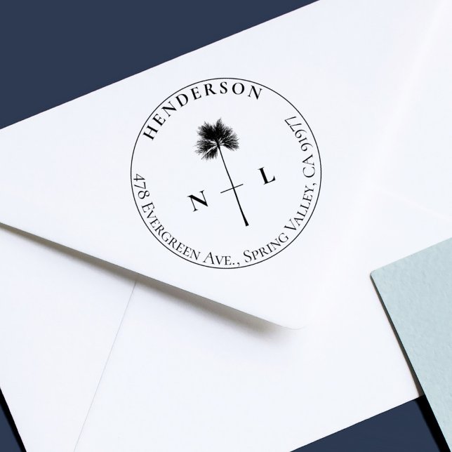 Elegant Tropical Palm Wedding Initials & Address Self-inking Stamp (Creator Uploaded)