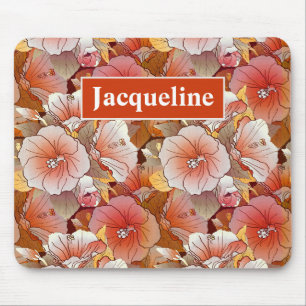 Elegant Tropical Peach And White Hibiscus Flower Mouse Pad