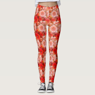 Elegant Tropical Peach Red & White Hibiscus Flower Leggings