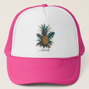 Elegant  Tropical  Pineapple Custom Name Pink Trucker Hat
