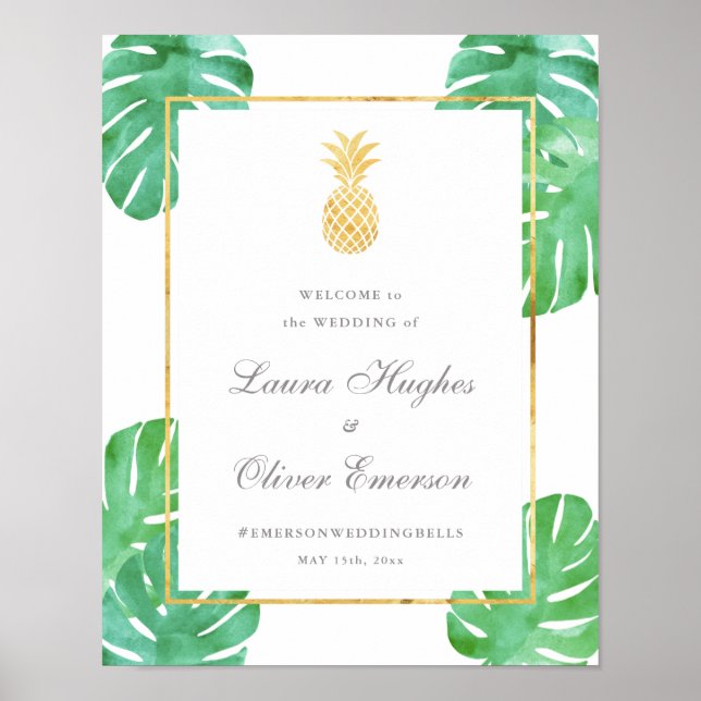 Elegant Tropical Pineapple Wedding Welcome Sign (Front)