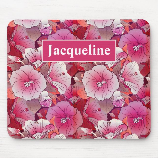 Elegant Tropical Pink And White Hibiscus Flower Mouse Pad (Front)