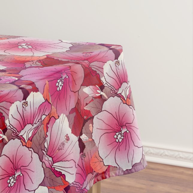 Elegant Tropical Pink And White Hibiscus Flower Tablecloth (In Situ)