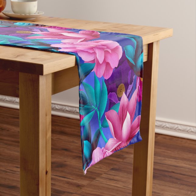 Elegant Tropical Pink Blue Purple Green Short Table Runner (In Situ)