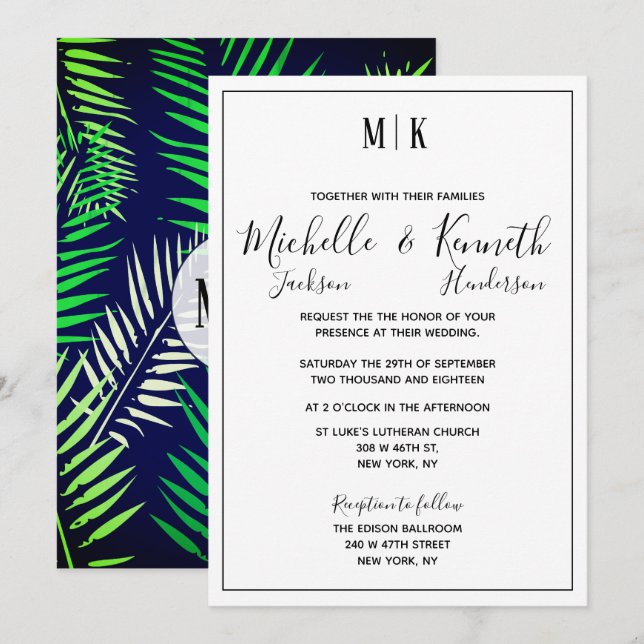 Elegant Tropical Print & Modern Typography Wedding Invitation (Front/Back)
