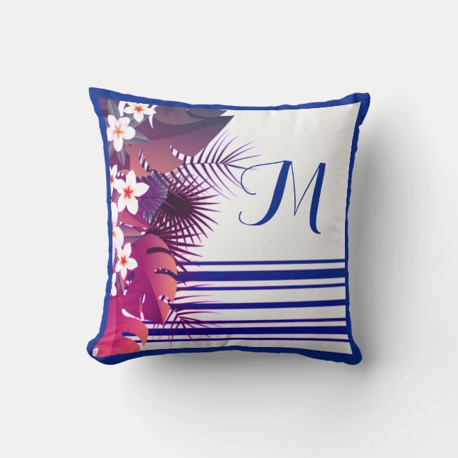 Elegant Tropical Purple Blue Floral Monogram Cushion (Front)