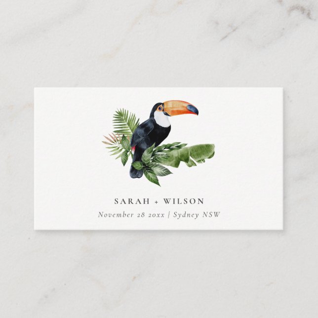 Elegant Tropical Rainforest Toucan Fauna Wedding Place Card (Front)