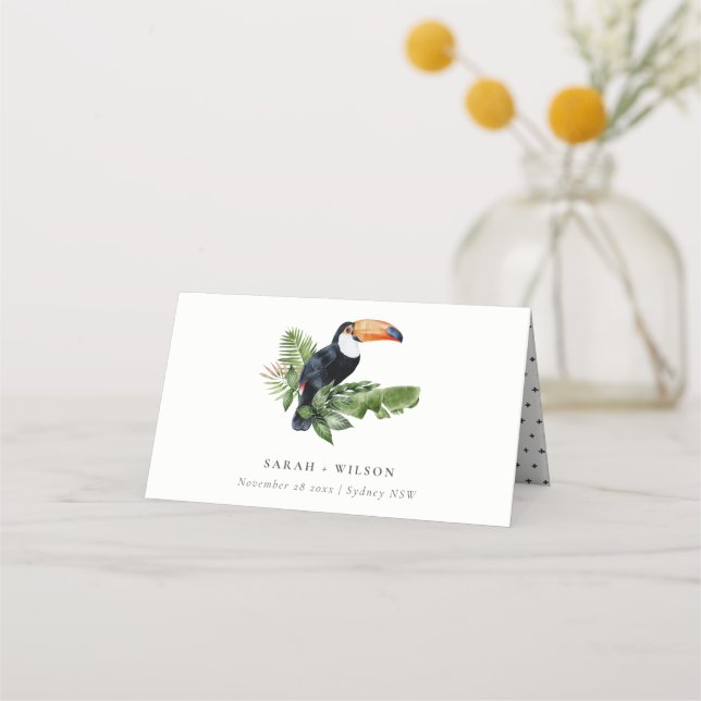 Elegant Tropical Rainforest Toucan Fauna Wedding Place Card (Front)