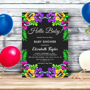 Elegant Tropical Roses Black Floral Baby Shower Invitation
