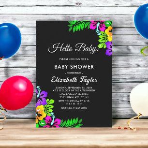 Elegant Tropical Rustic Black Floral Baby Shower Invitation