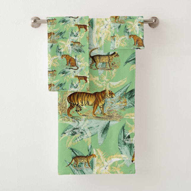 Elegant Tropical Safari Wild Cats Tiger Sage Green Bath Towel Set (Insitu)