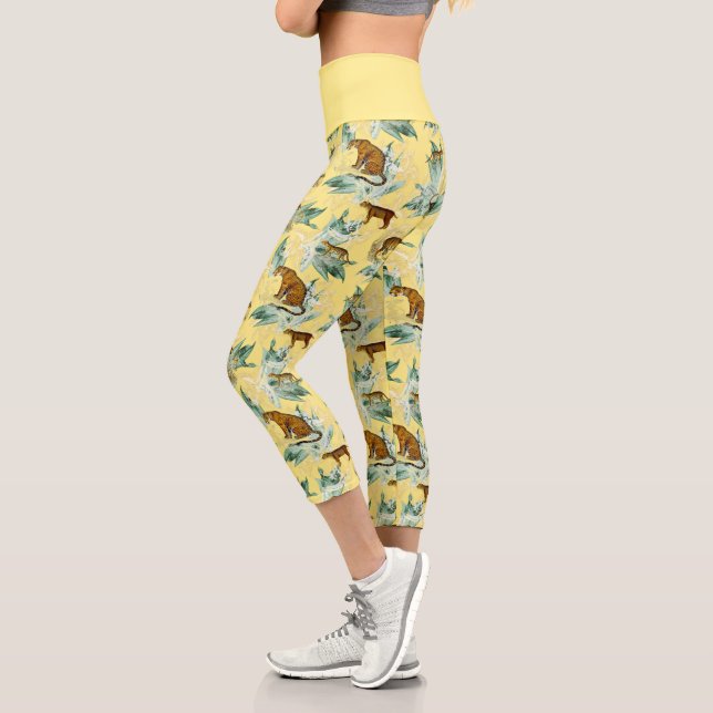 Elegant Tropical Safari Wild Cats Tiger Yellow Capri Leggings (Left)