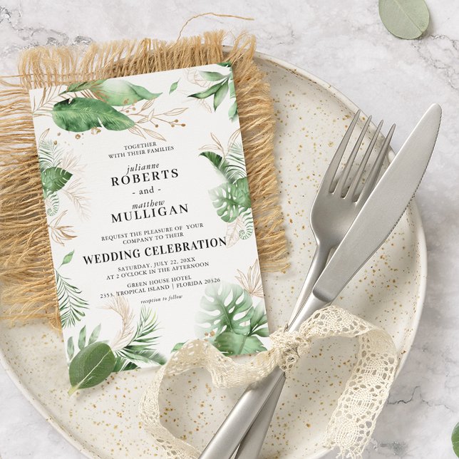 Elegant Tropical Summer Greenery & Gold Wedding In Invitation (Creator Uploaded)