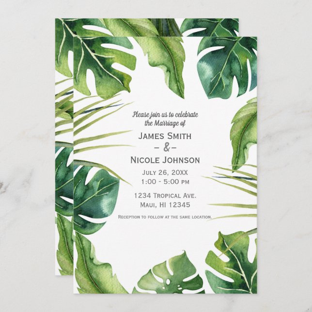 Elegant Tropical Summer Palm Leaves Wedding Invitation (Front/Back)