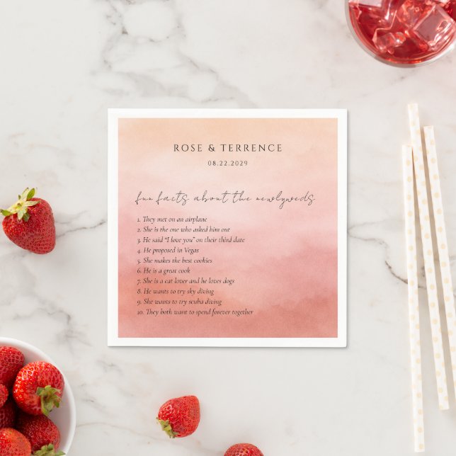 Elegant Tropical Sunset Fun Facts Wedding Napkin (Insitu)