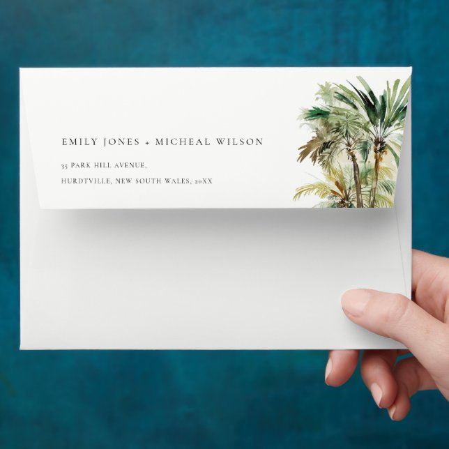 Elegant Tropical Watercolor Palm Trees Wedding Envelope (Hand)