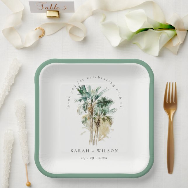 Elegant Tropical Watercolor Palm Trees Wedding Paper Plate (Wedding)