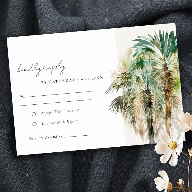 Elegant Tropical Watercolor Palm Trees Wedding RSVP Card (Creator Uploaded)